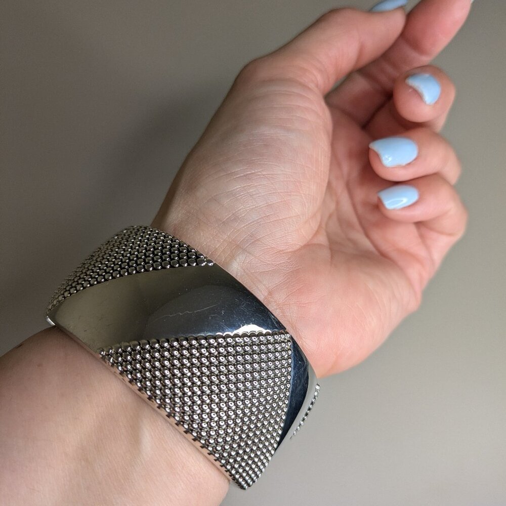 Silver Textured Cuff Bracelet Bold Statement Wide Bangle